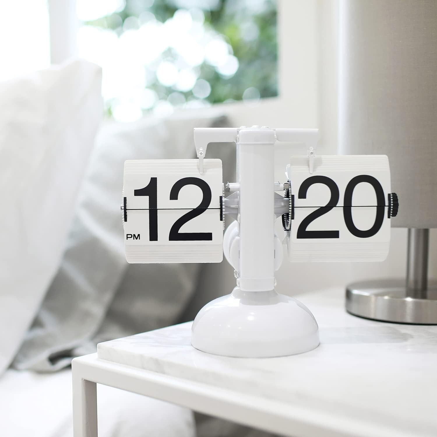 Elegant Flip Desk Clock in White - Battery Powered, Retro Design & AM/PM Display