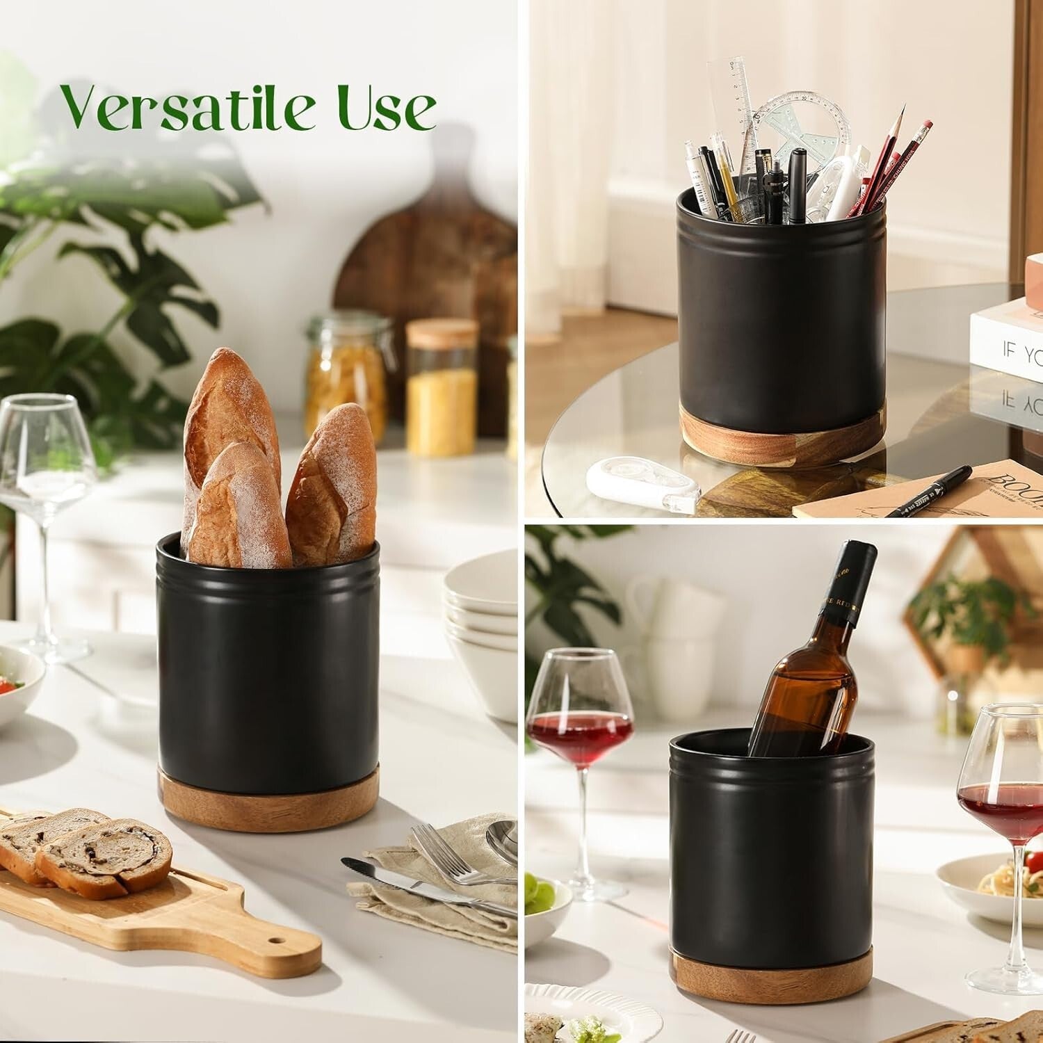 Extra Large Kitchen Utensil Holder - 7.6" Rotating Ceramic Crock in Black