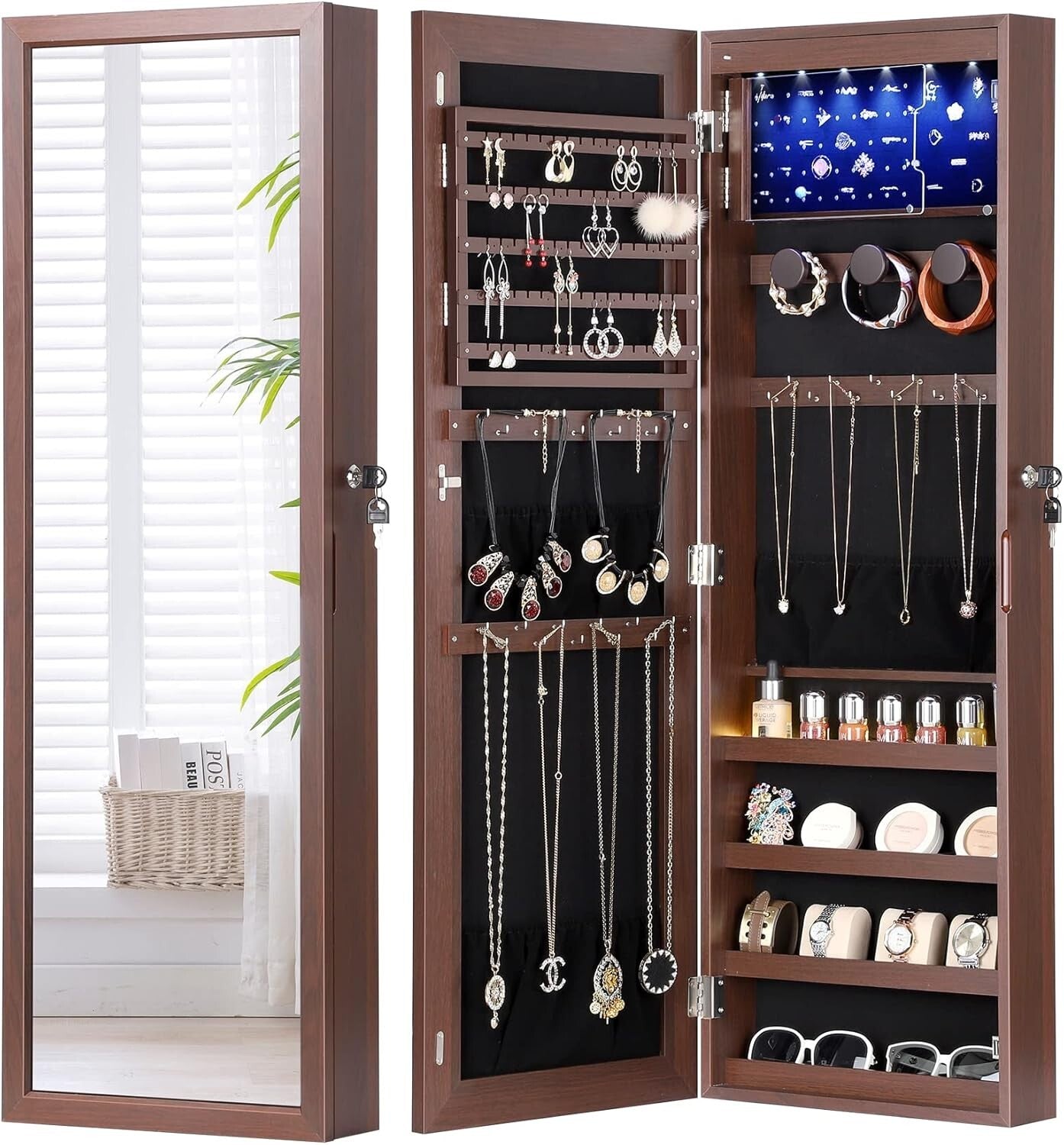 Stylish Brown LED Jewelry Organizer with Velvet Pockets - Perfect Christmas Gift