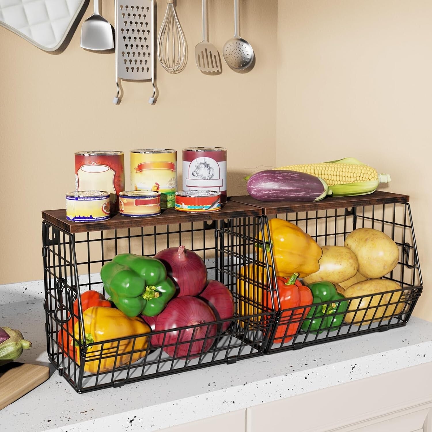 Elegant Kitchen Organizer: Metal Fruit Basket with Wooden Lid & Banana Hangers