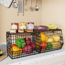 Load image into Gallery viewer, Elegant Kitchen Organizer: Metal Fruit Basket with Wooden Lid &amp; Banana Hangers