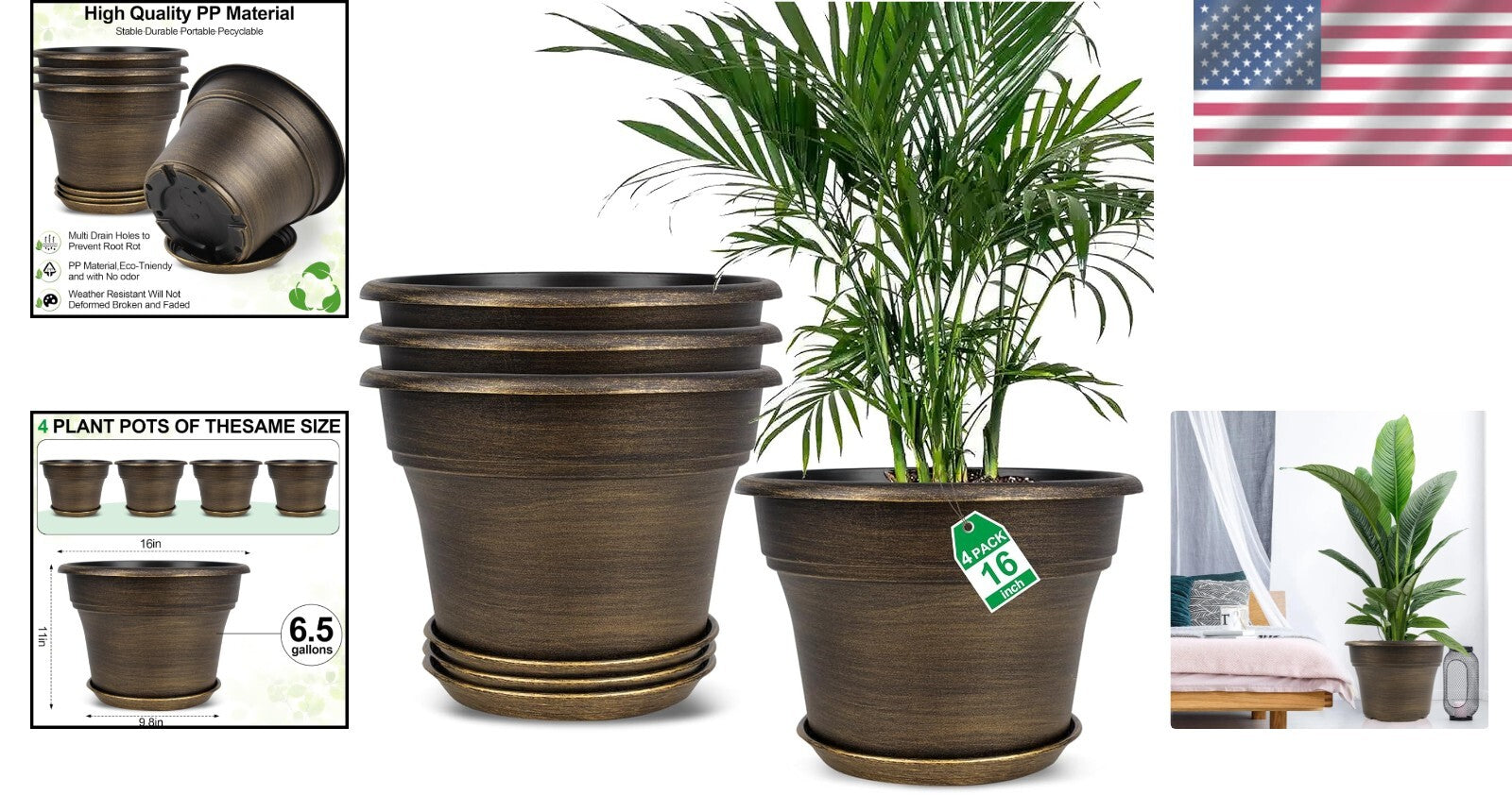 Stylish Resin Plant Pots 16-Inch with Drainage Holes - Dark Gold, Set of 4