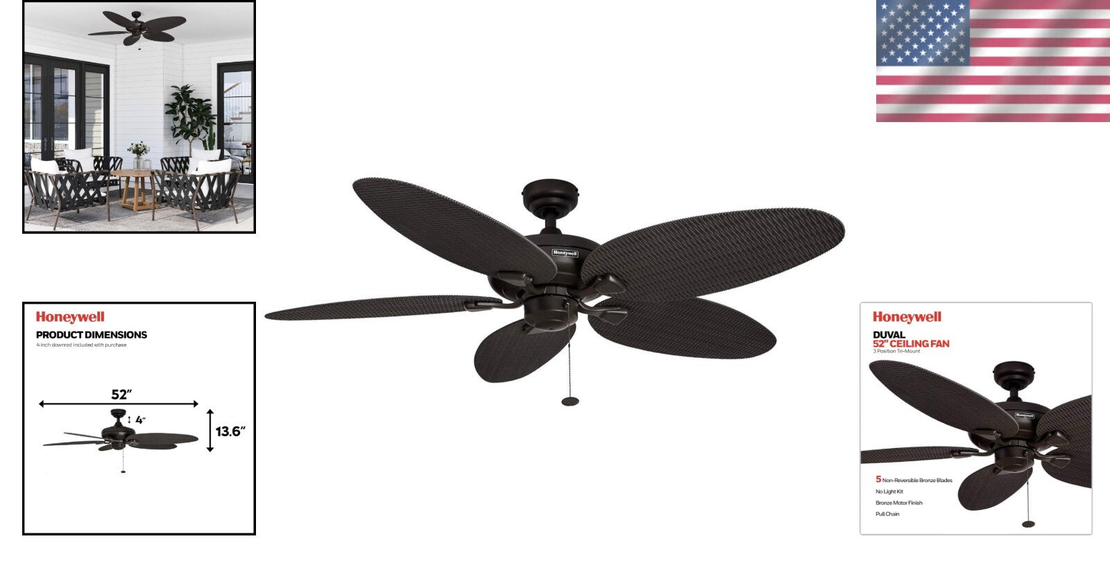 Energy Efficient 52-Inch Damp Rated Ceiling Fan with Hand-Carved Tropical Blades