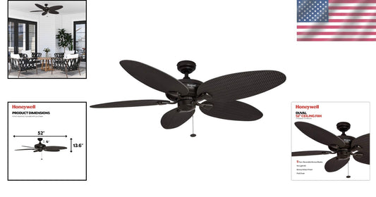 Energy Efficient 52-Inch Damp Rated Ceiling Fan with Hand-Carved Tropical Blades