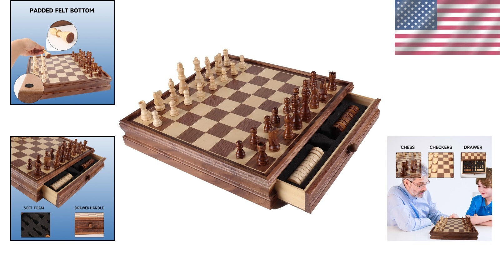 Elegant 15-Inch 2-in-1 Chess & Checkers Board Game Set with Storage Drawer