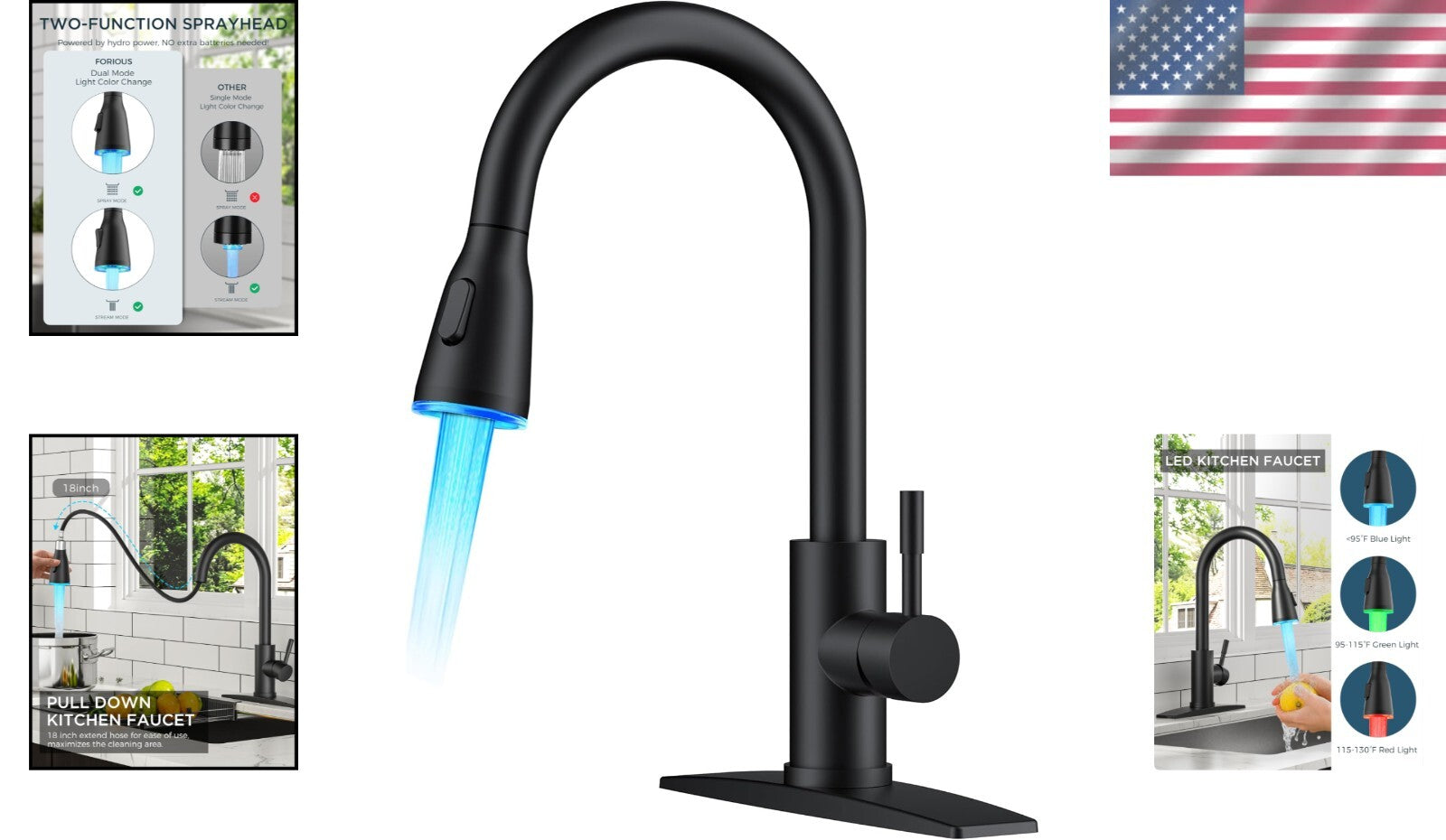 Farmhouse Style Matte Black Kitchen Faucet with Pull Down Sprayer & LED Features