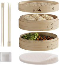 Load image into Gallery viewer, Lightweight 10-Inch Bamboo Steamer with Ceramic Dish for Flavorful Cooking