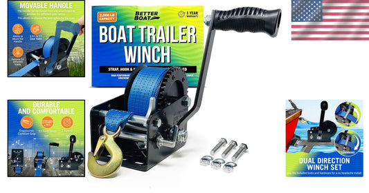 Versatile 2000 lbs Boat Winch - Manual Hand Crank with Premium Strap & Hook