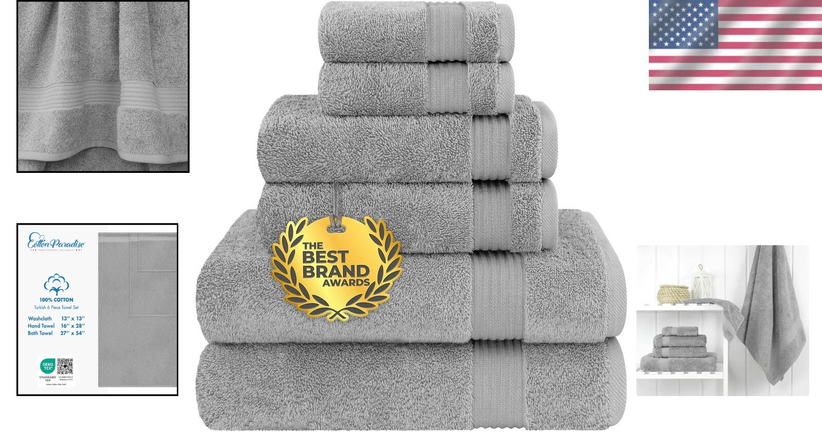 Elegant Cotton Towel Set - 2 Bath, 2 Hand, 2 Washcloths – Light Gray Luxury