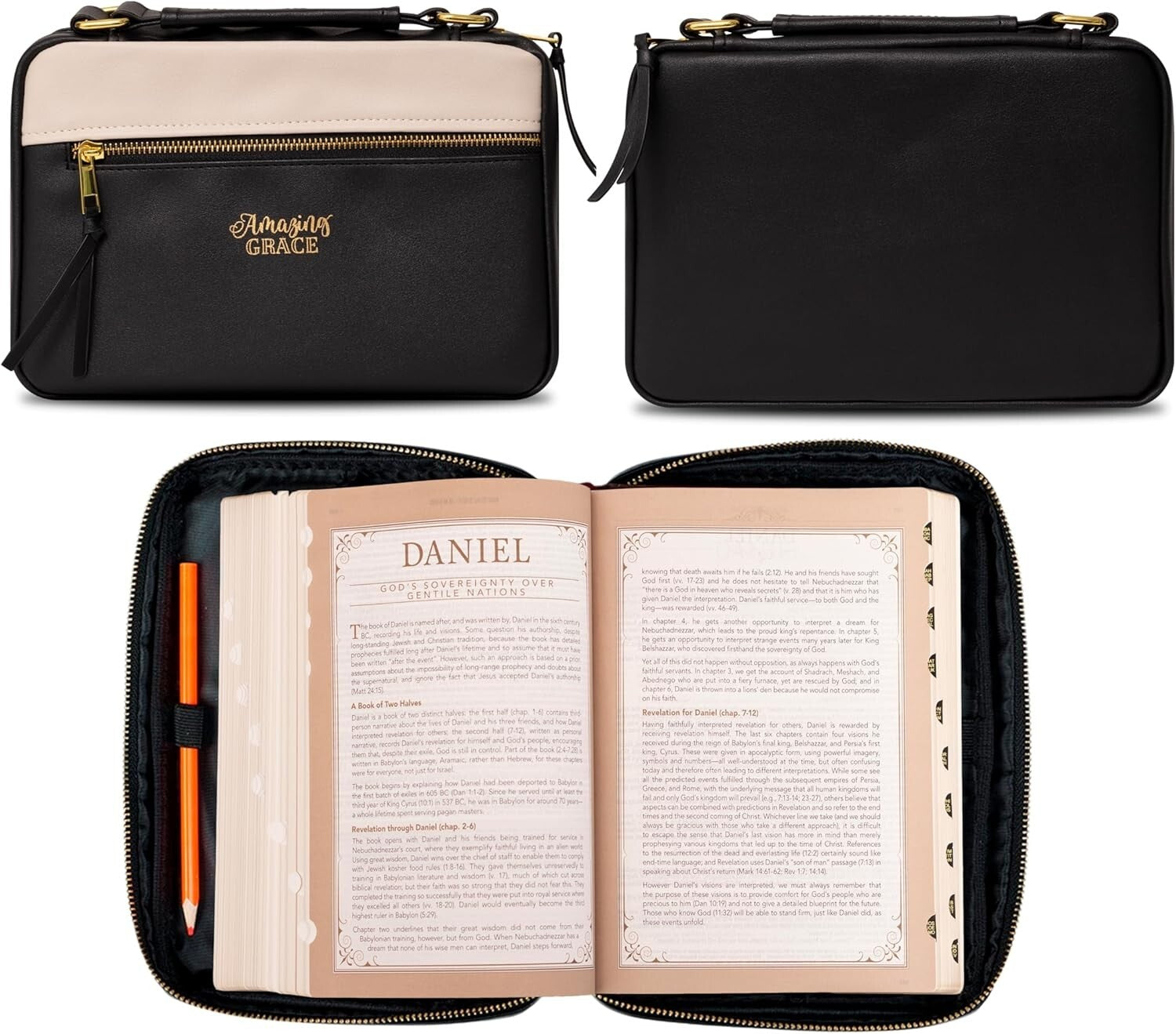Water-Resistant 'Amazing Grace' Bible Cover in Stylish Black & Tan Faux Leather