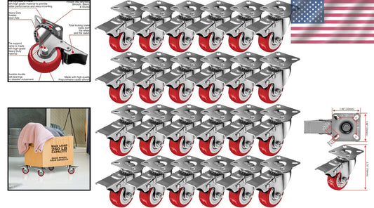 Durable 2" Red Polyurethane Caster Wheels - 360-Degree Maneuverability Set of 24