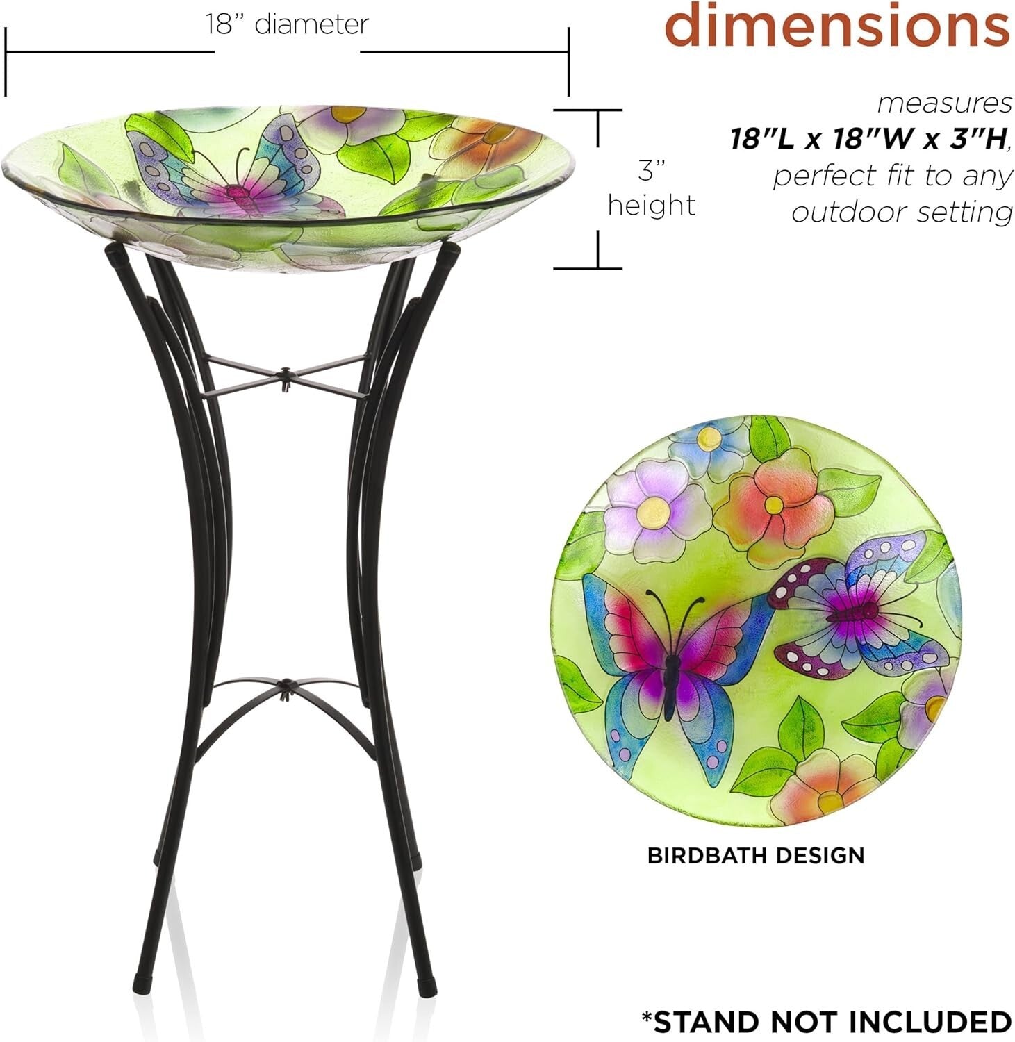 Decorative 18" Glass Birdbath Bowl with Butterfly & Floral Design for Outdoors