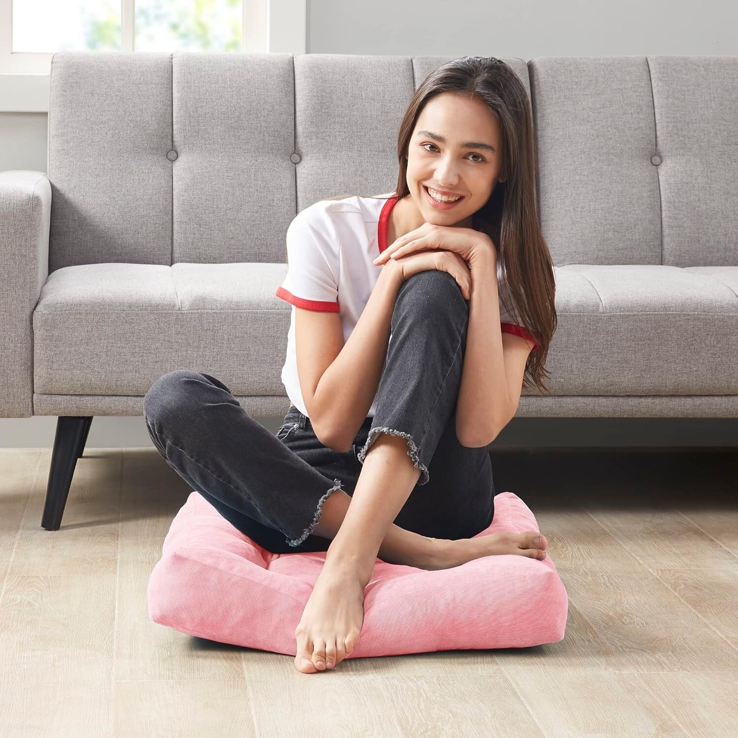 Set of 2 Stylish Pink Corduroy Floor Pillows – Ideal for Relaxation & Meditation