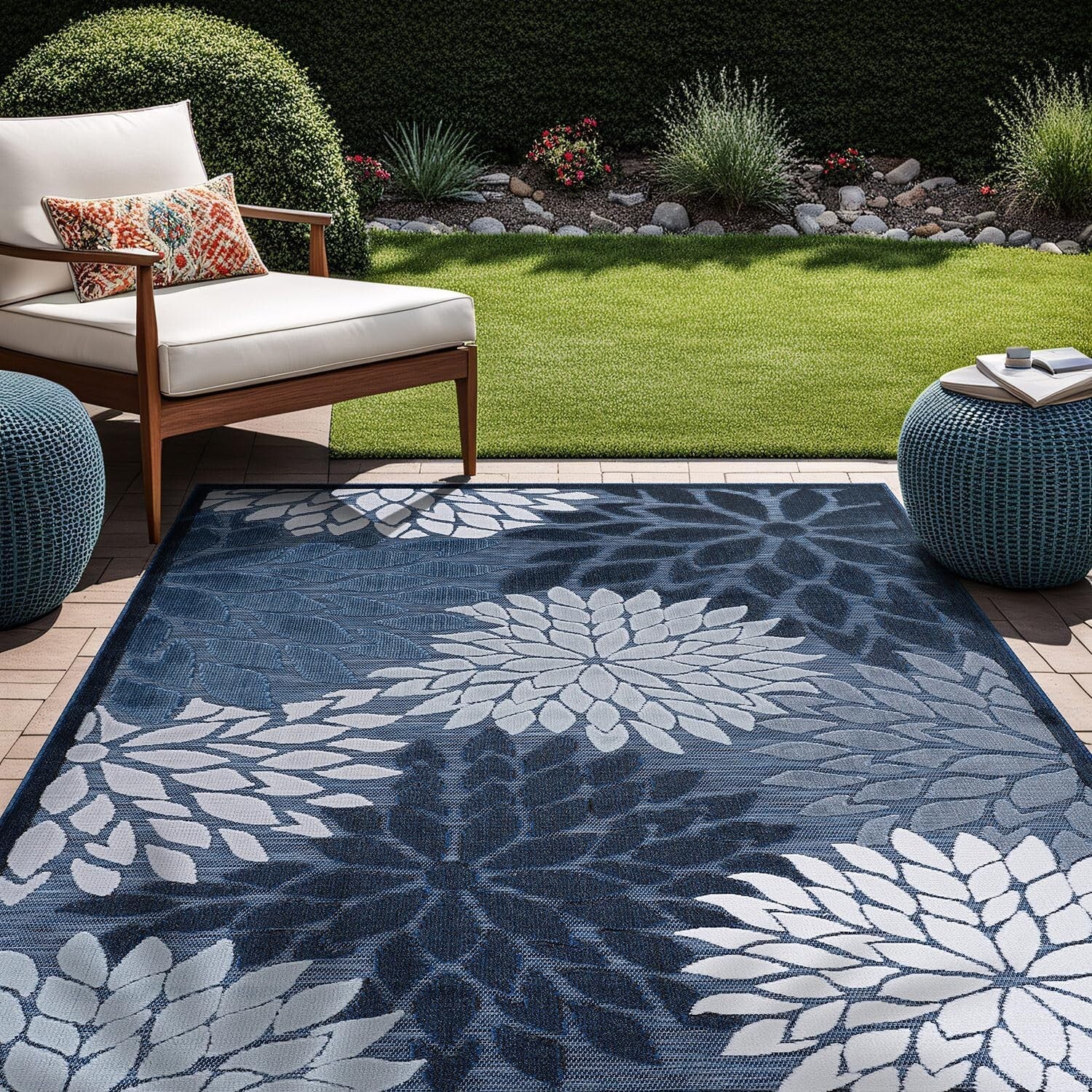 Stain Resistant Navy Blue Floral Area Rug 6x9 for Indoor & Outdoor Elegance