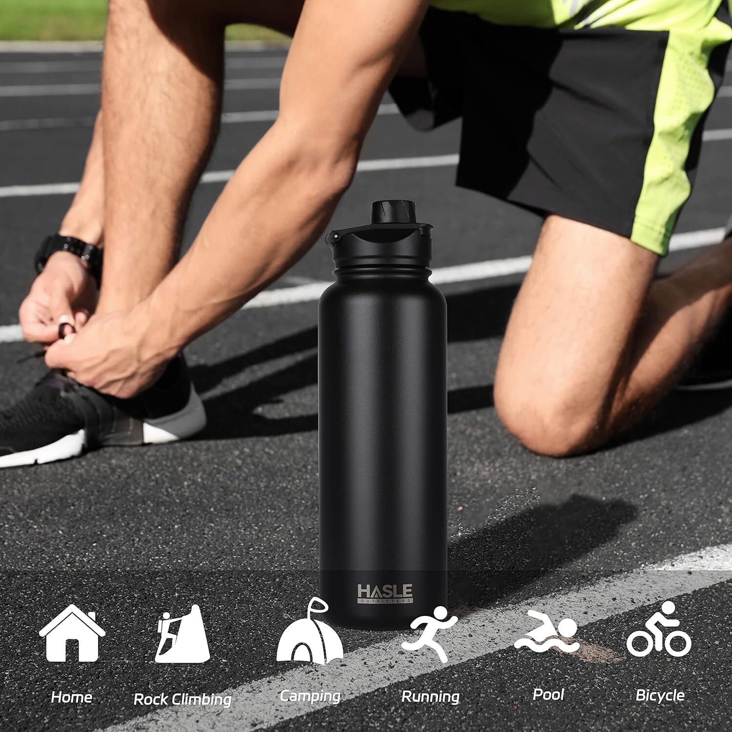 Double Walled 40oz Insulated Black Water Bottle with Straw & Spout Lid Bundle