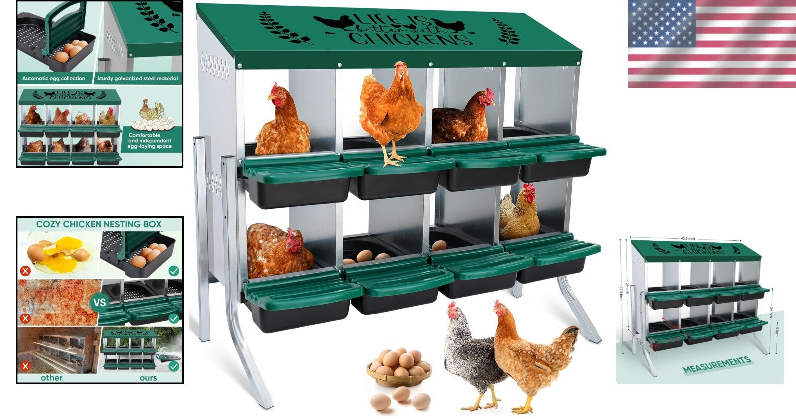 8-Hole Height-Adjustable Chicken Nesting Boxes with Automatic Egg Collection