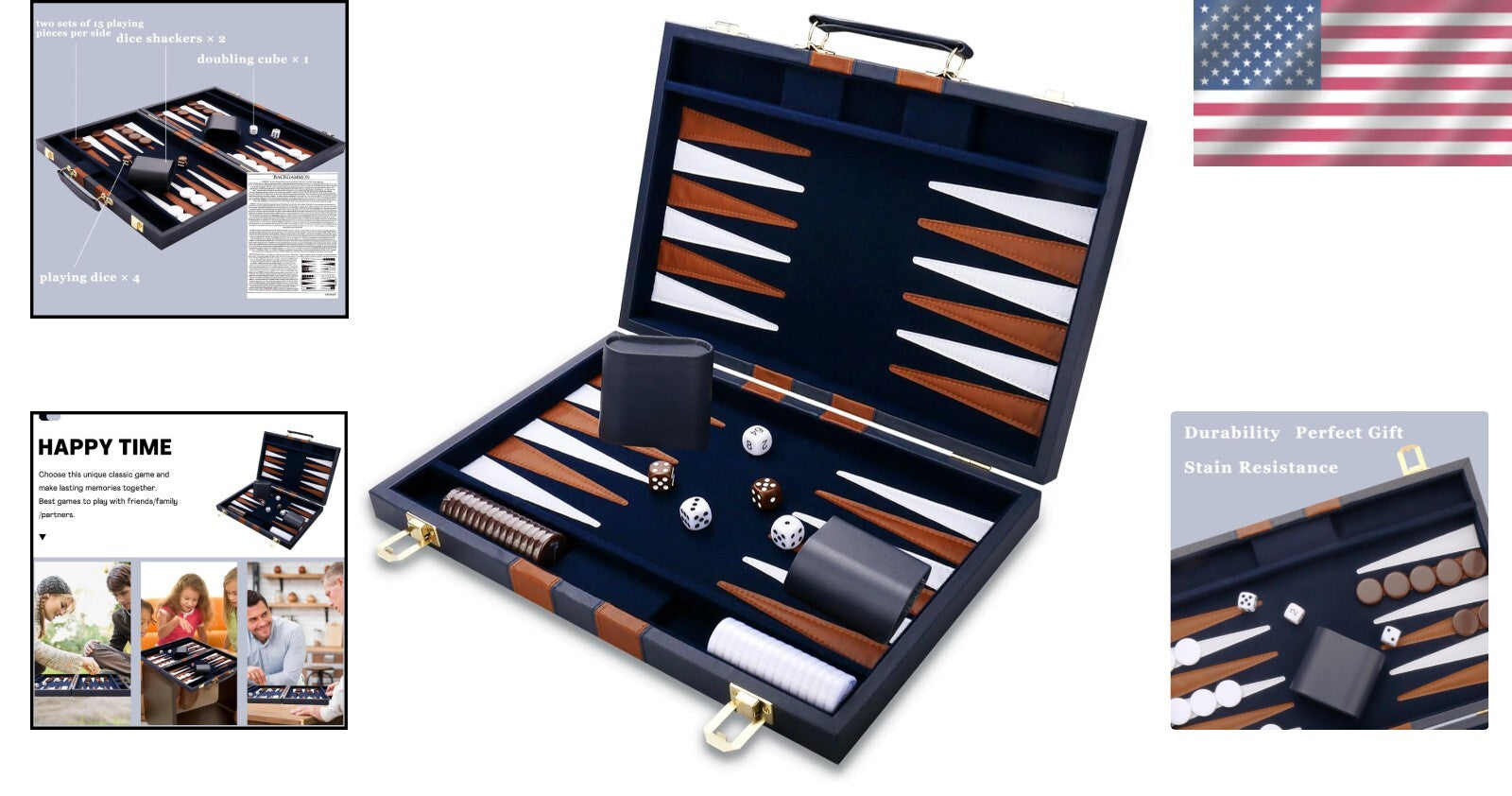 Premium Leather Backgammon Set - Classic 15-Inch Portable Game in Navy