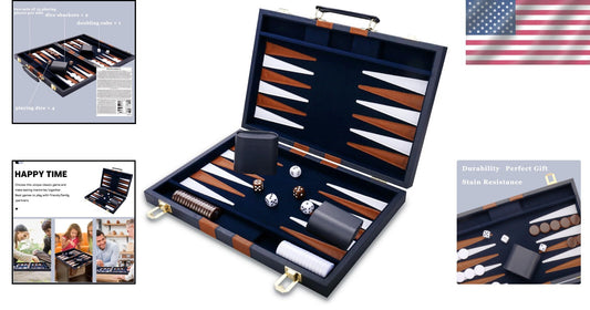 Premium Leather Backgammon Set - Classic 15-Inch Portable Game in Navy