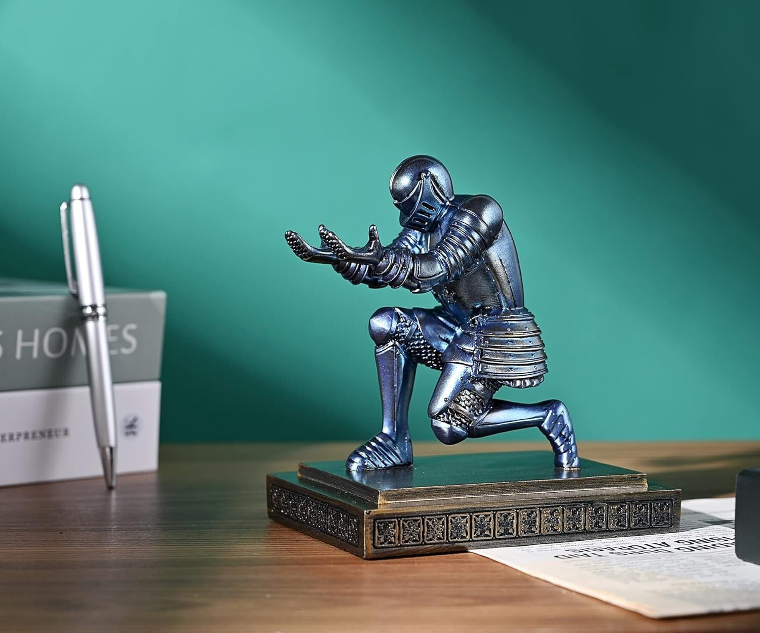 Creative Knight Desk Organizer with Blue Resin Holder and Fancy Pen Included