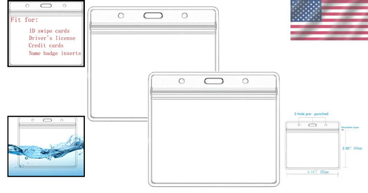 200-Pack Extra Thick Waterproof Horizontal ID Badge Holders with Zipper Closure
