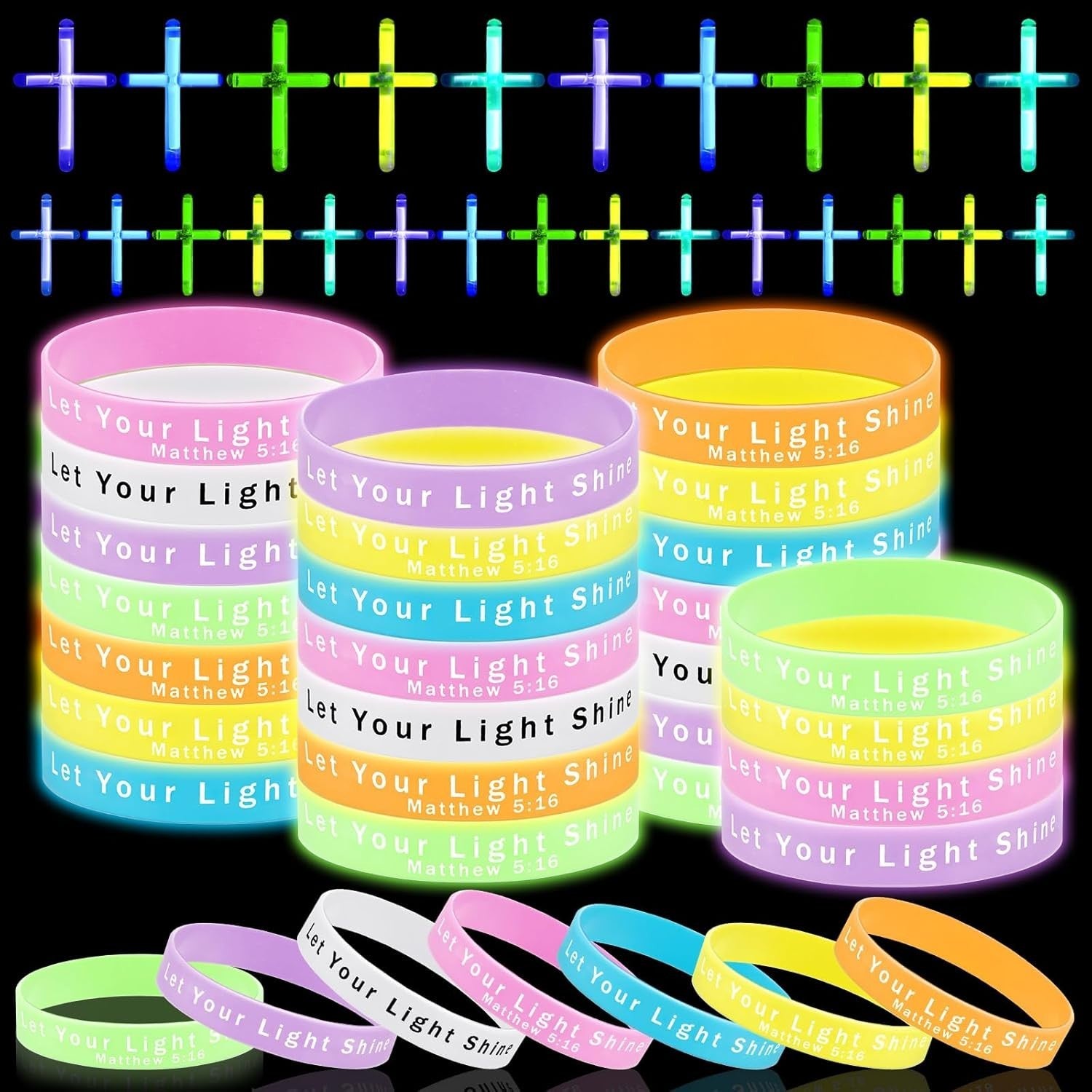Bulk 200 Pcs Glow Bracelets and Cross Necklaces - Faithful Party Favors for Kids