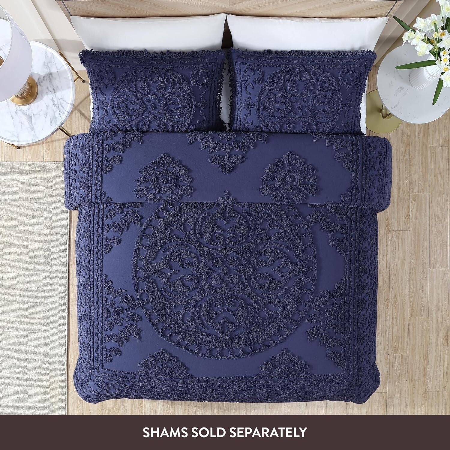 Luxurious Queen Chenille Bedspread in Navy with Elegant Medallion Design