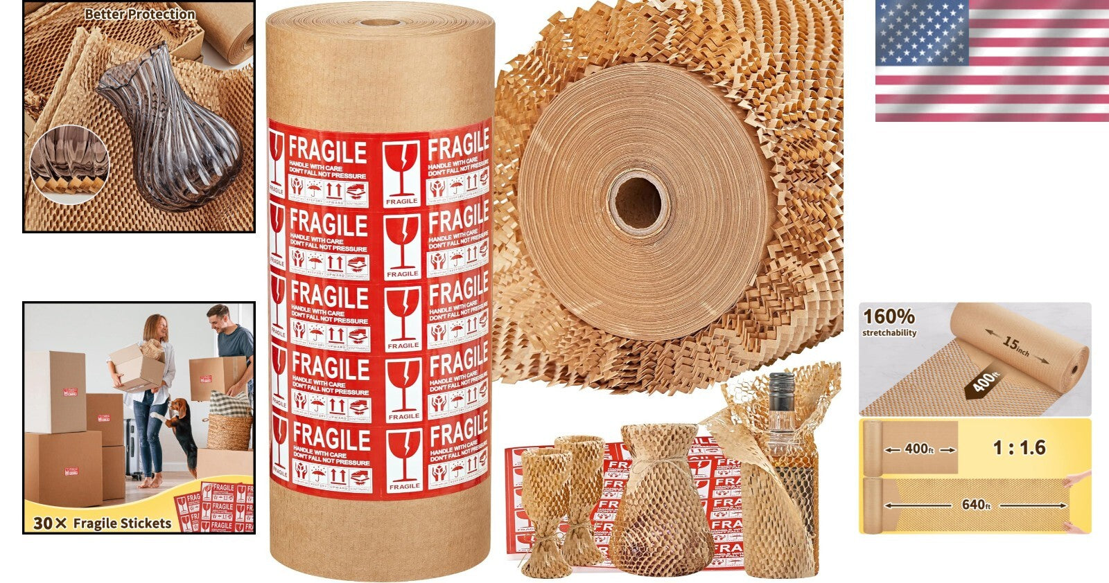 15''x400' Honeycomb Wrap with 30 Fragile Labels - Ideal for Shipping & Gifts