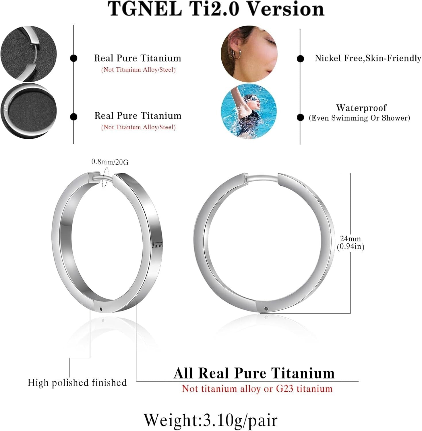 Small/Large Pure Titanium Hoop Earrings - Hypoallergenic Comfort for Men & Women