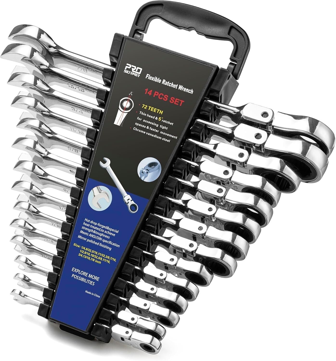 Professional 14-Piece Chrome Vanadium Ratcheting Wrench Set with Flex Head