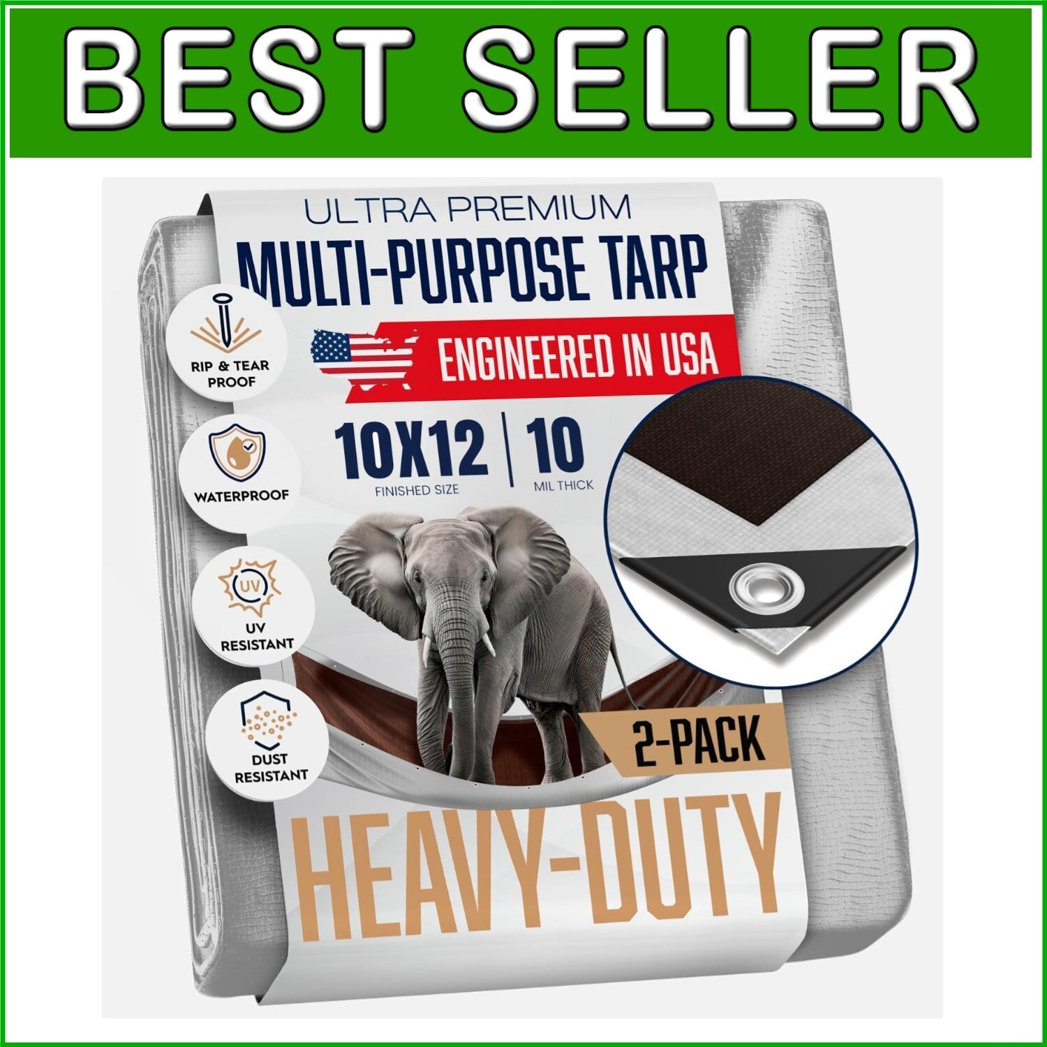 Durable 10 Mil Waterproof Tarps - 10' x 12', Grommets Every 18 Inches - 2 Pack