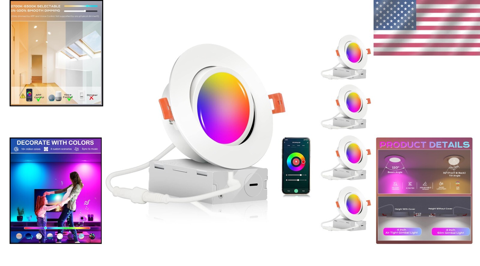 WiFi Compatible 4-Inch Recessed Smart Lights - Alexa/Google Control, Pack of 4