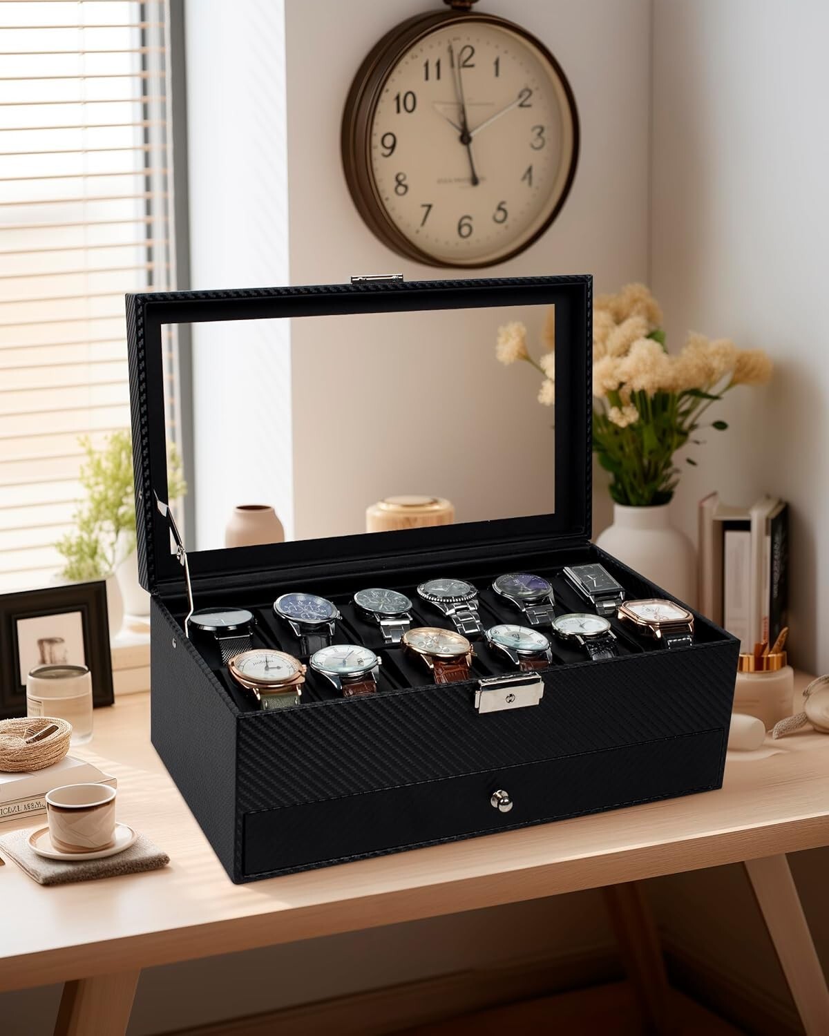 Luxury Faux Leather Watch Box – 12 Slots, Velvet Interior, Ideal Gift for Men