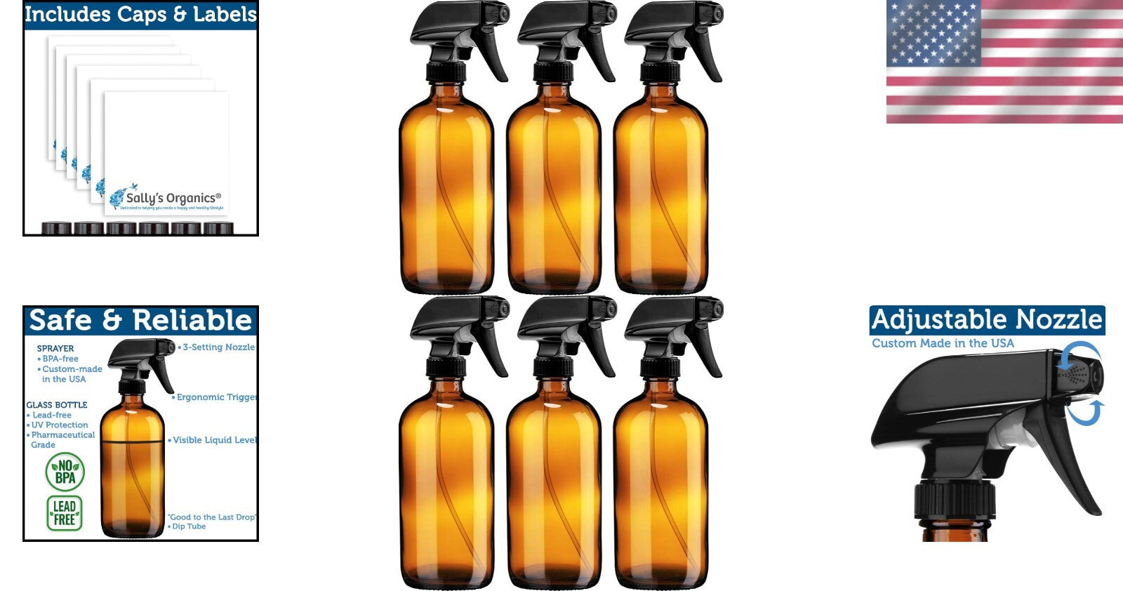 Refillable 16 oz Amber Glass Spray Bottles with Mist & Stream Settings - 6 Pack