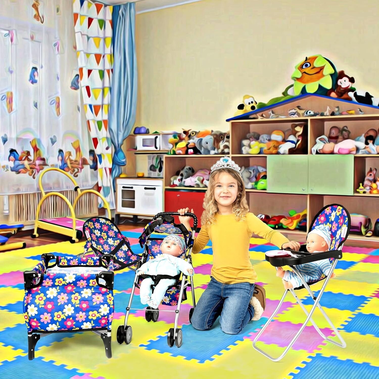 Toddler-Friendly 4 Piece Baby Doll Set - Interactive Stroller, High Chair & More