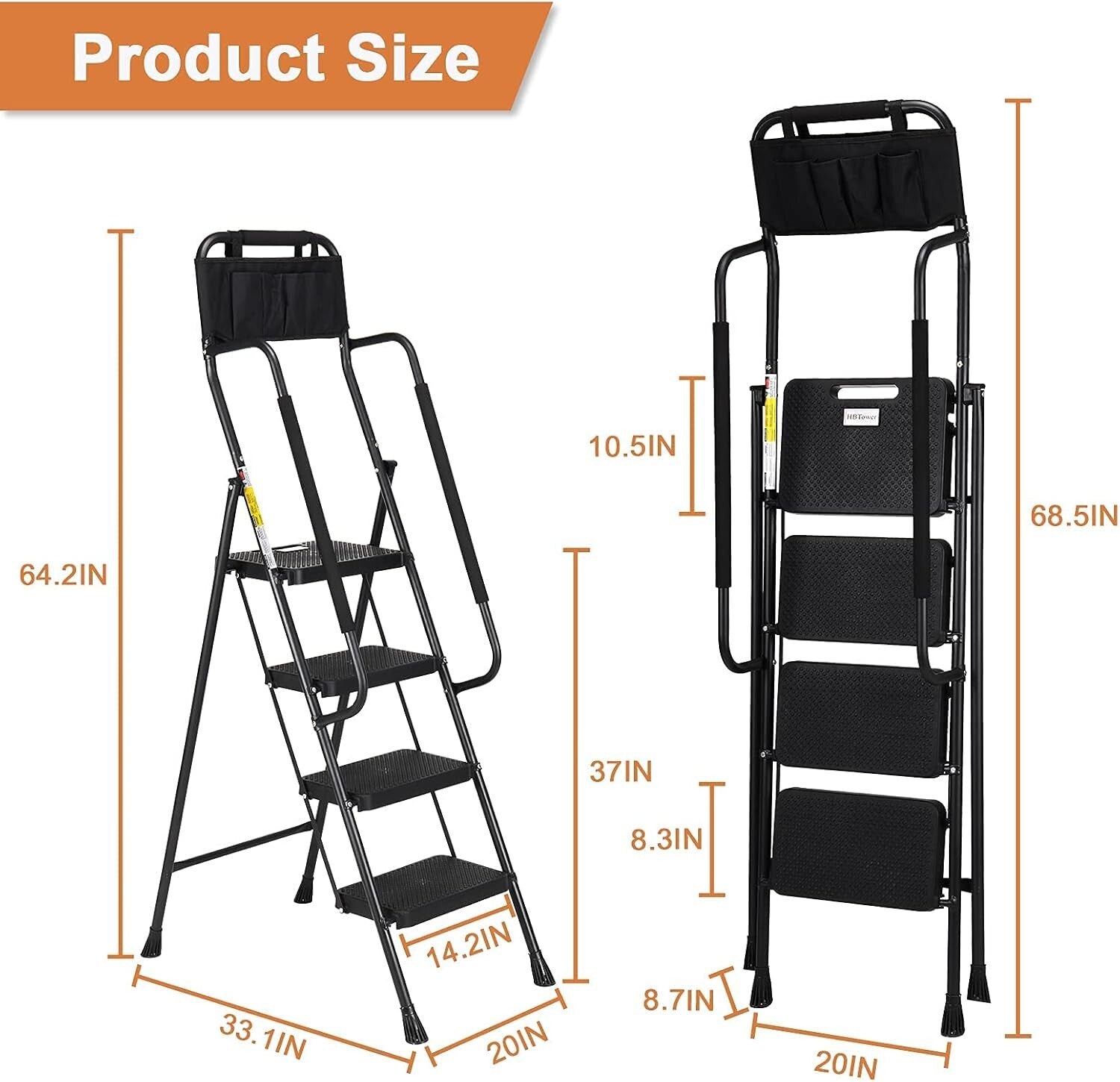 330 lbs Folding Step Stool with Handrails & Tool Bag for Safety and Convenience