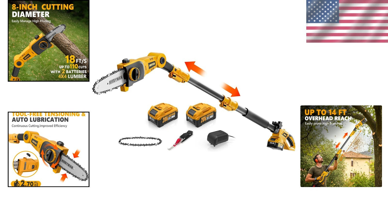 Efficient 20V Electric Pole Saw - 8-Inch Blade & Automatic Chain Lubrication