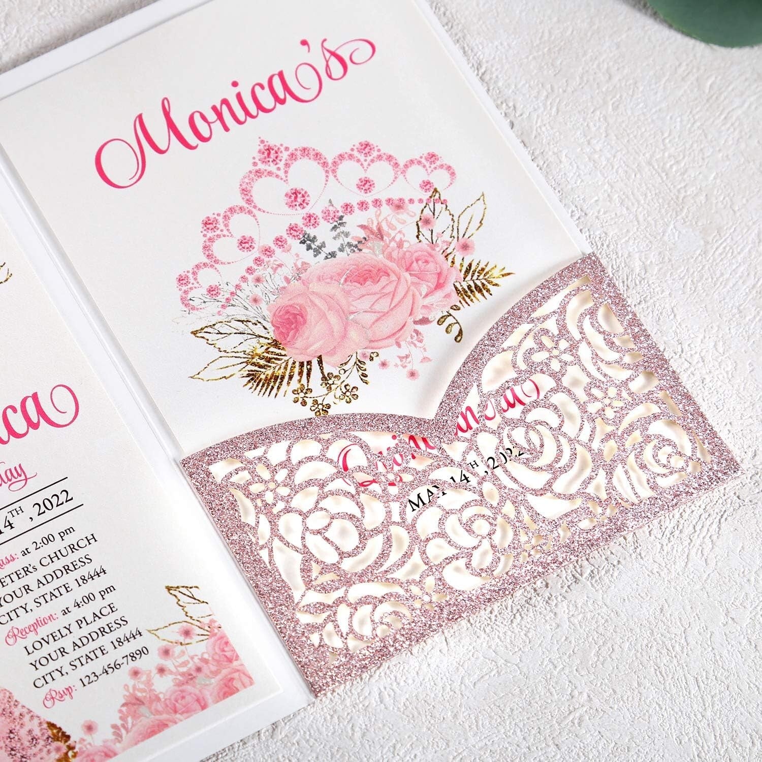 Elegant 4.7x7 Inch Rose Gold Glitter Quinceanera Invitation Kit - 50 Count