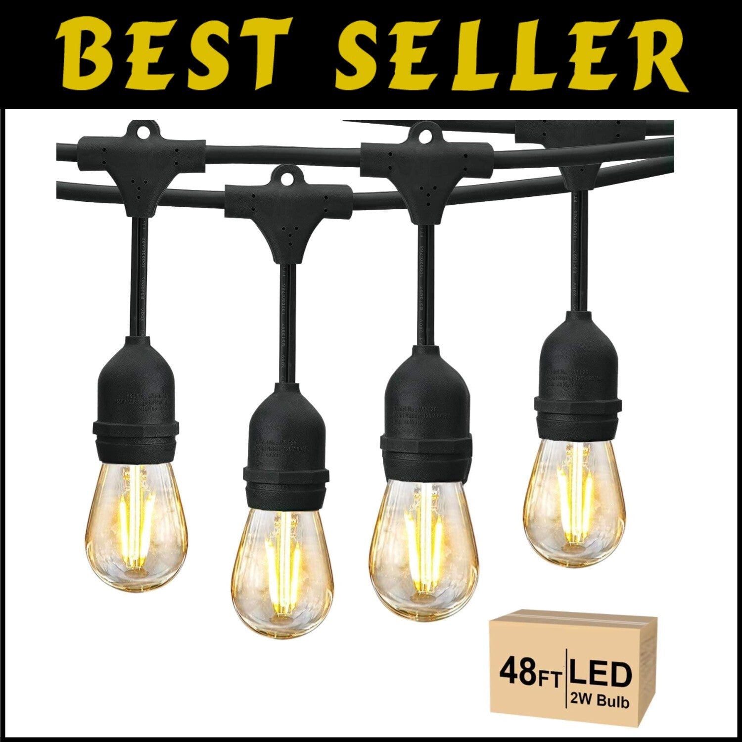 Commercial Grade 48 FT Patio Lights with 15 Shatterproof Edison Bulbs - Dimmable