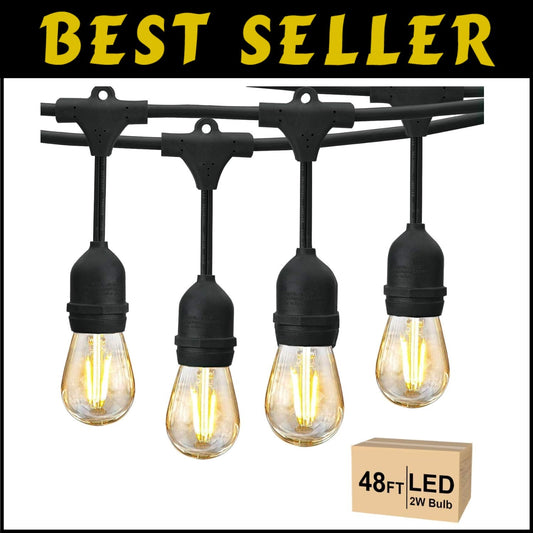 Commercial Grade 48 FT Patio Lights with 15 Shatterproof Edison Bulbs - Dimmable