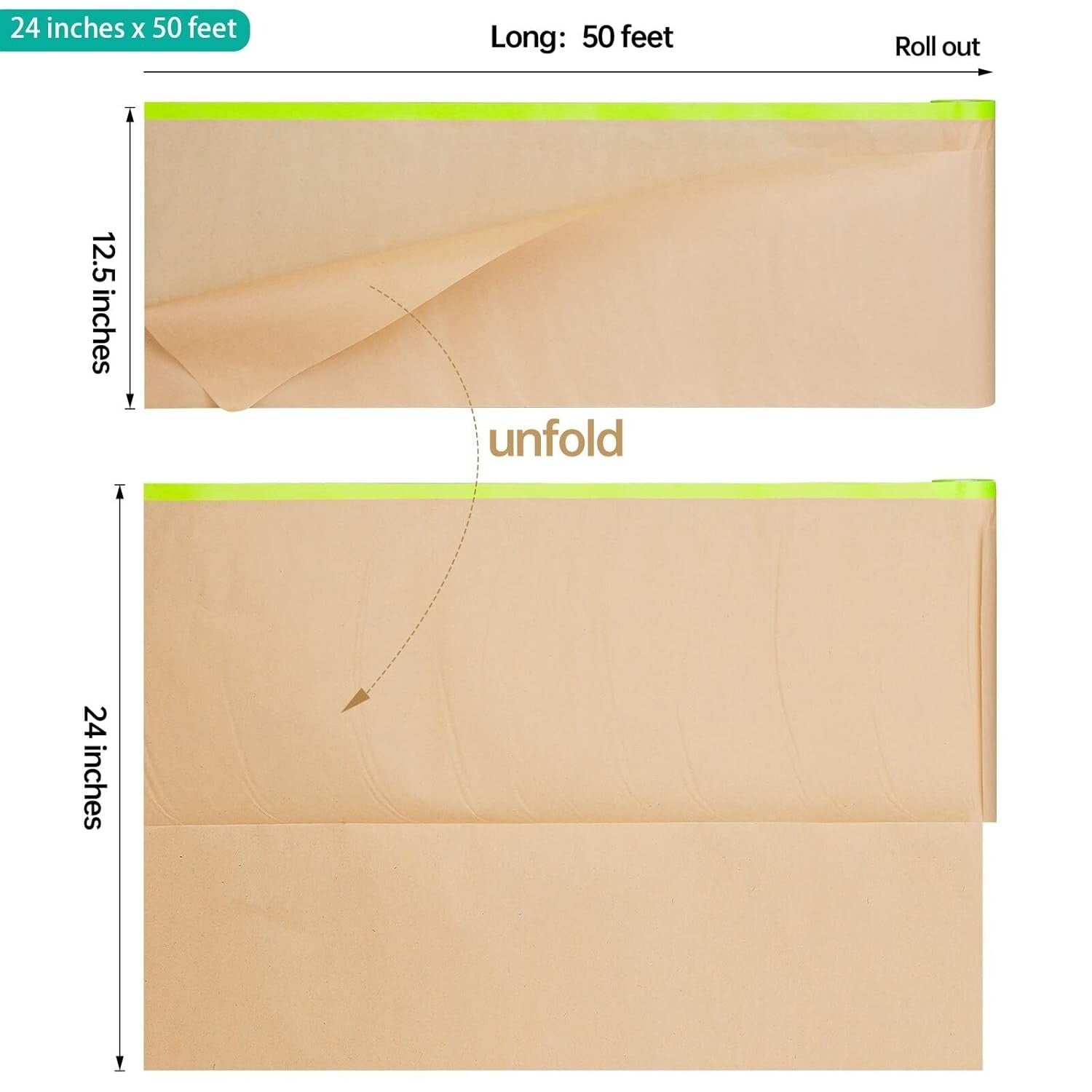 Professional Pre-Taped Masking Roll - 24"x50ft- Strong Adhesive, Clean Removal