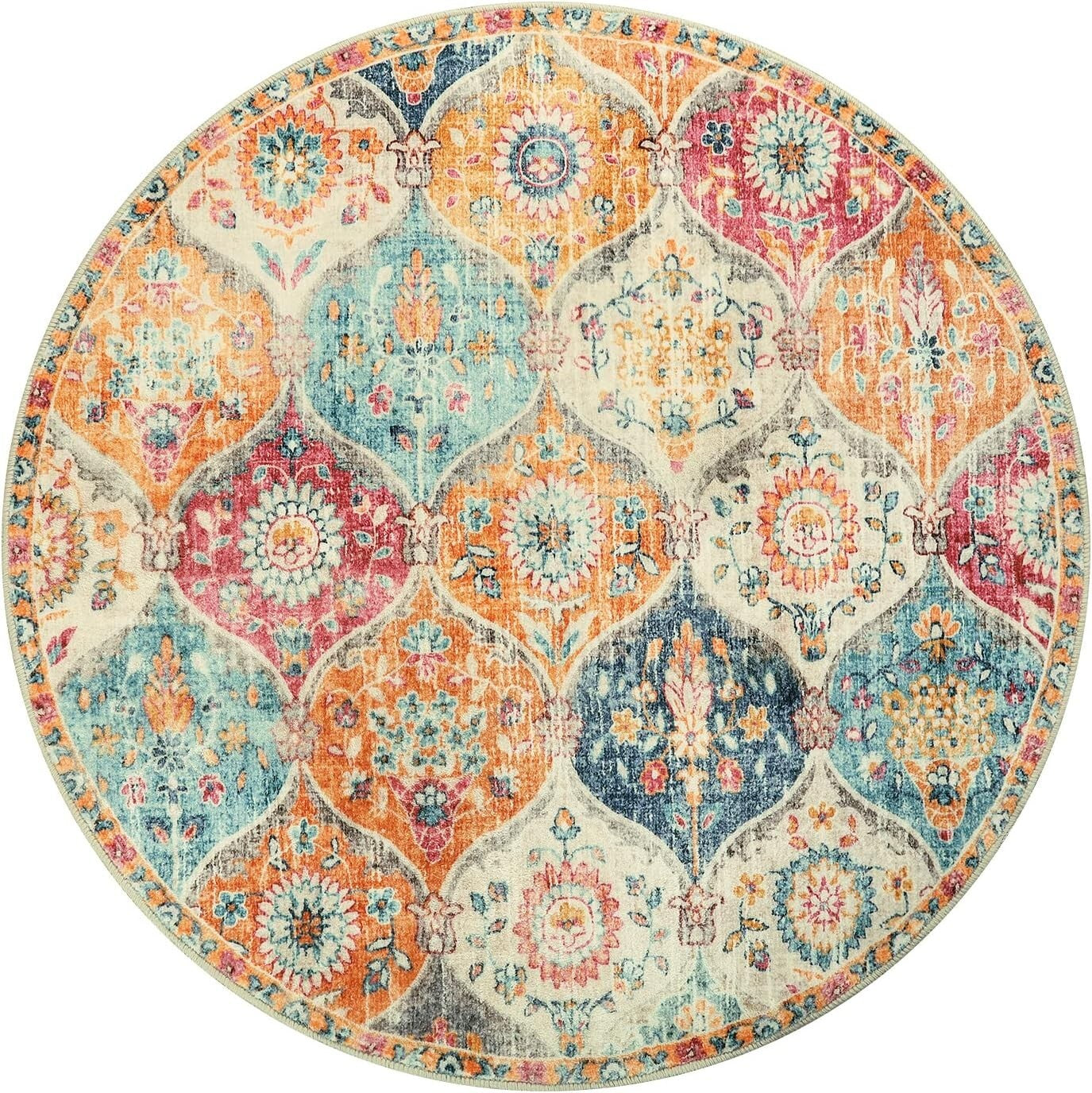 Washable Ultra-Thin Round Rug - 4ft Non-Slip Floral Carpet for Entryway & Home