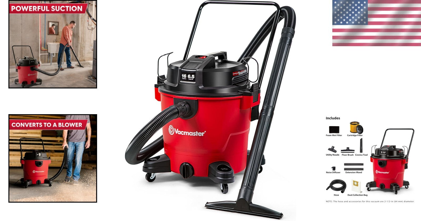 Red 16-Gallon Wet/Dry Vacuum with 145 CFM Power - Perfect Indoor/Outdoor Cleaner