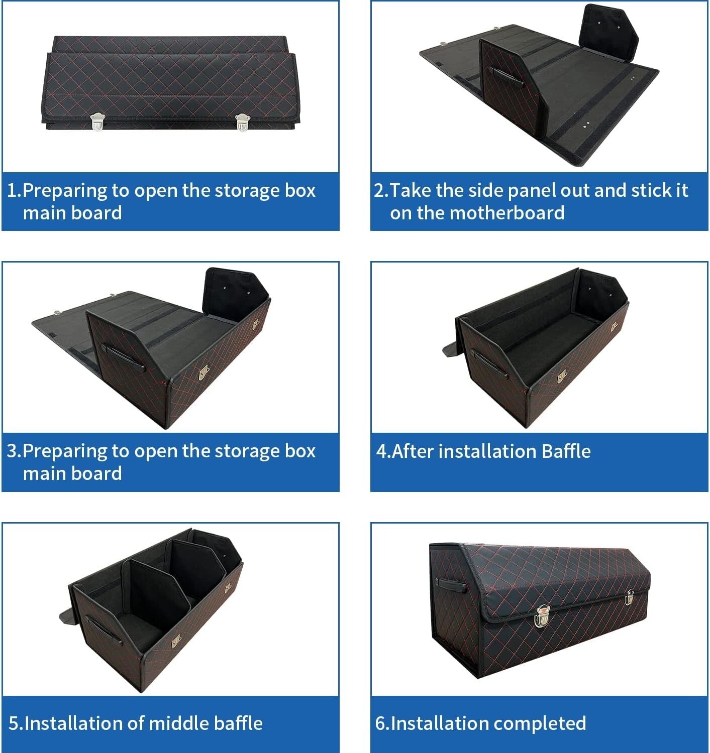 Elegant Foldable Black Red Grid Car Storage Box - Keeps Your Trunk Organized