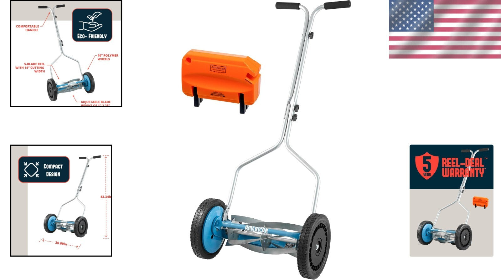 14-Inch 5-Blade Manual Push Reel Lawn Mower with Sharpener - Eco-Friendly Care