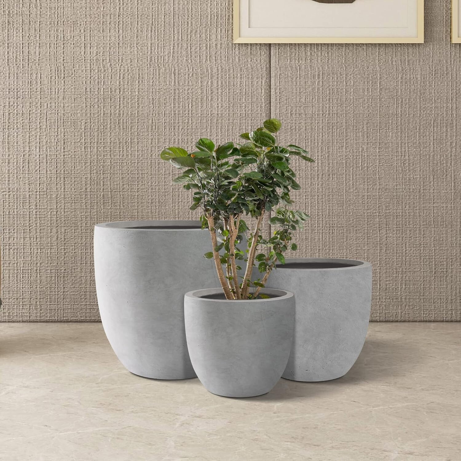 Elegant 18", 14", 10" Round Concrete Planters with Drainage for Home & Patio