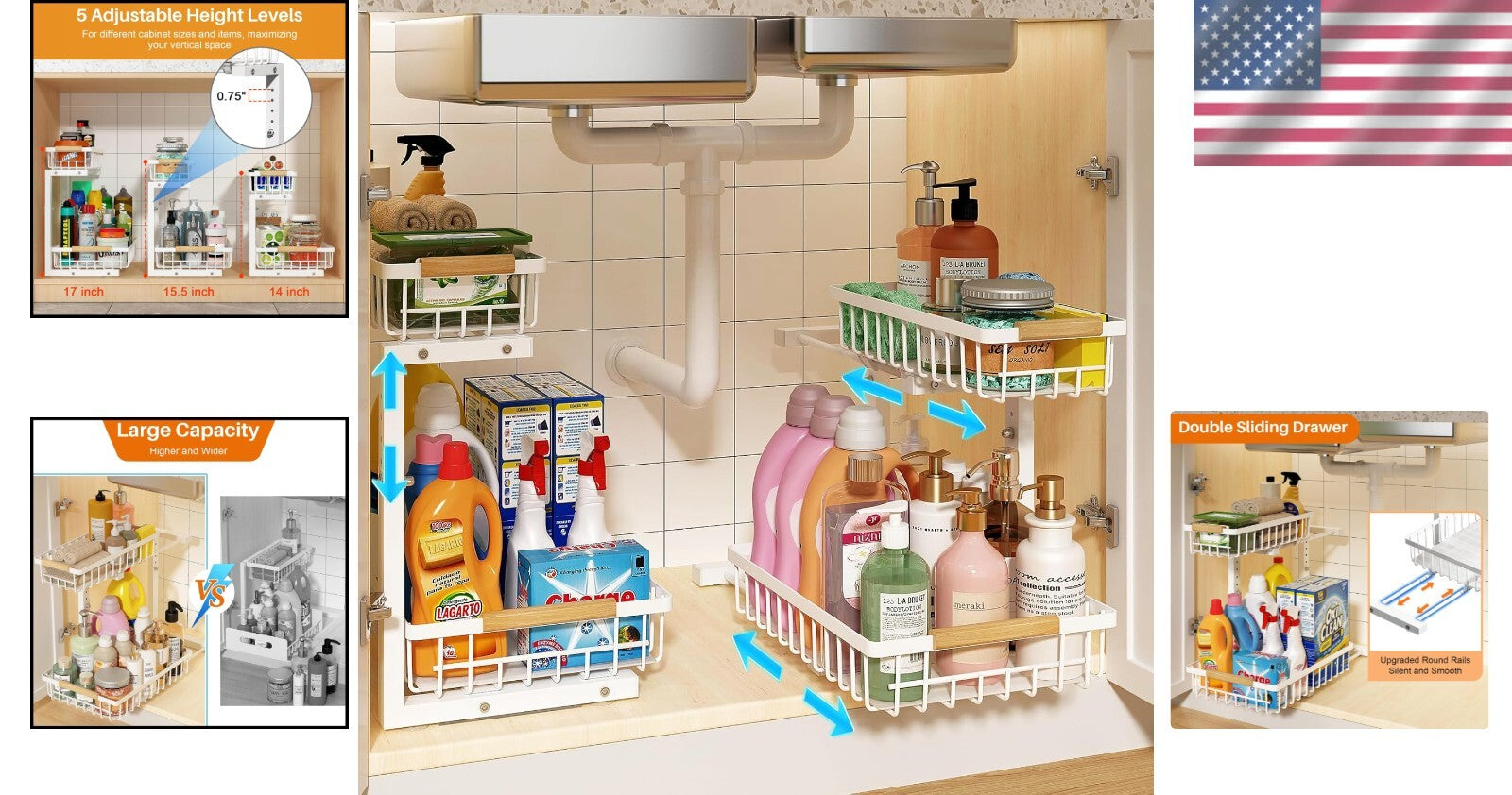 2-Tier Height Adjustable Under Sink Organizer - Space-Saving Pull Out Storage
