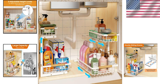 2-Tier Height Adjustable Under Sink Organizer - Space-Saving Pull Out Storage