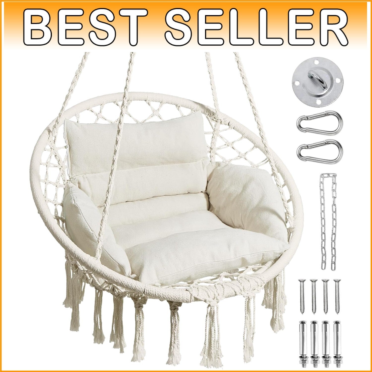 Versatile Macrame Hanging Chair with Adjustable Cushion – 330lbs Capacity, Beige