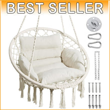 Load image into Gallery viewer, Versatile Macrame Hanging Chair with Adjustable Cushion – 330lbs Capacity, Beige