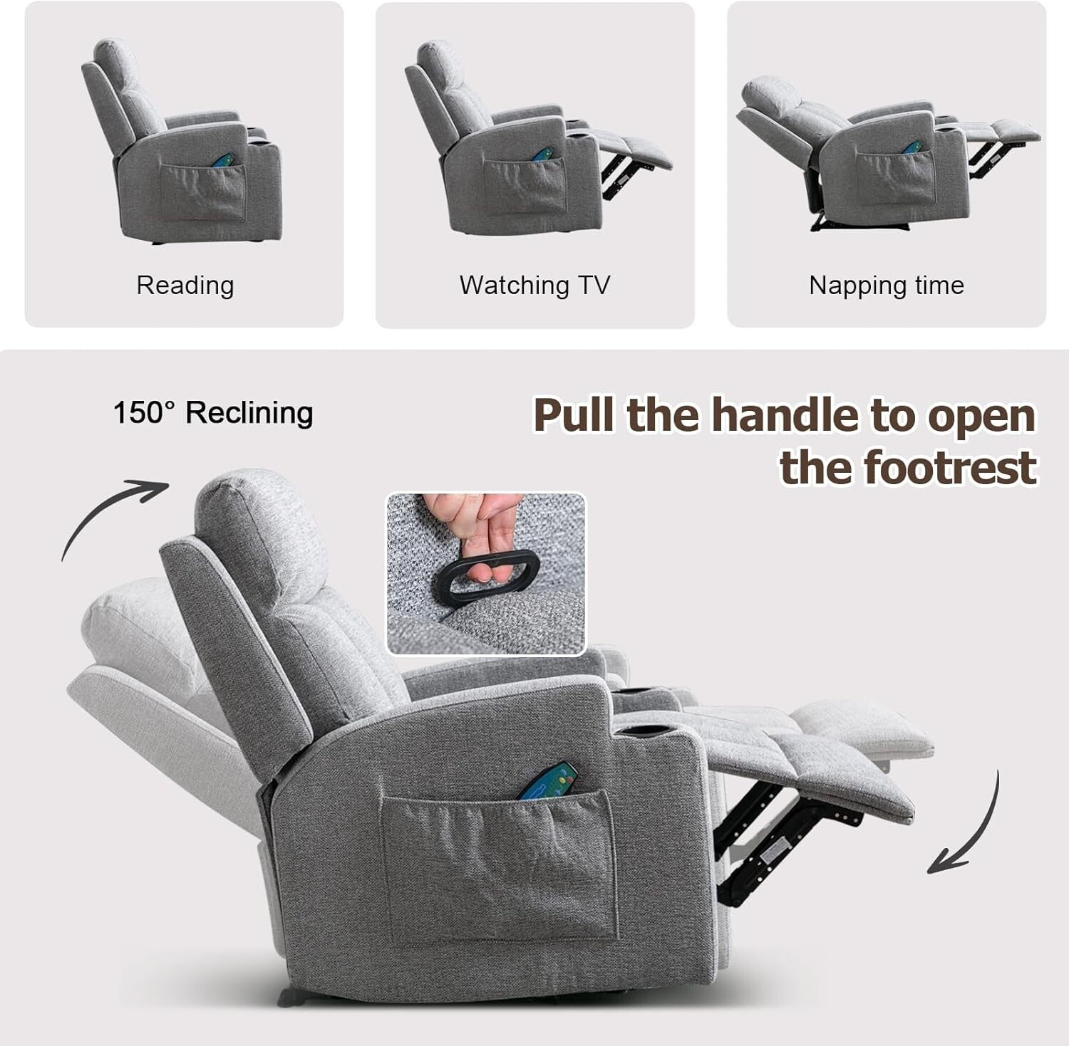 Ergonomic Manual Recliner with 8 Massage Motors & Storage - Modern Gray Style